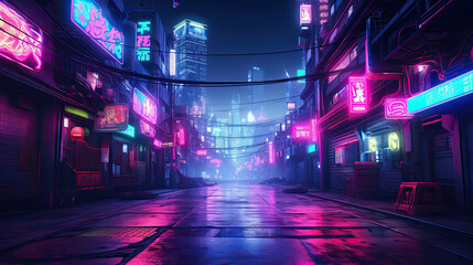 Neon-lit cyberpunk alley with holographic billboards