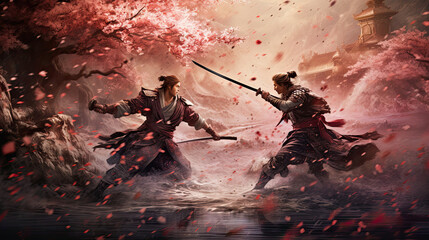 Obraz premium Samurai duel under a cascade of cherry blossoms