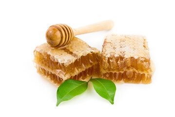Fototapeta na wymiar Fresh honey in the comb close-up isoleted on white background.