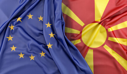 Ruffled Flags of European Union and North Macedonia. 3D Rendering