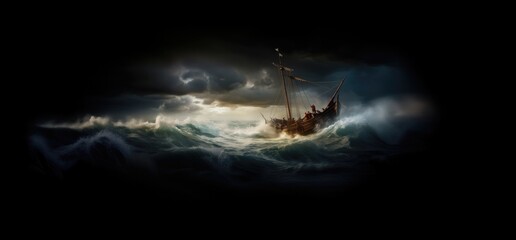 Ship in stormy sea - obrazy, fototapety, plakaty