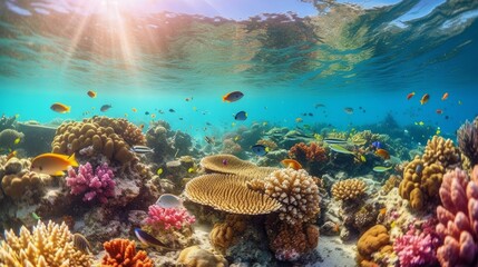 Naklejka na ściany i meble Colorful coral reef with diverse marine life. AI generated