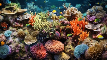 Naklejka na ściany i meble Colorful coral reef with diverse marine life. AI generated