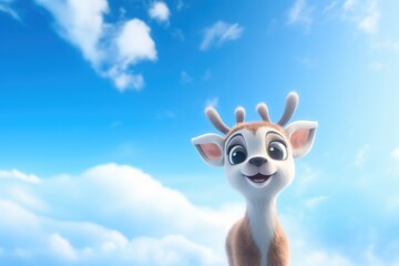 Cute Reindeer on Cloudy Sky, Joyful Reindeer on Blue Sky Background.