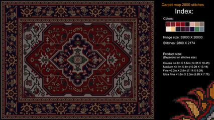Colorful carpet pattern for knitting cross stitch, carpet, rug, fabric, knitting, etc., with mosaic squares and grid guidelines. 2800 stitches. Read the index to learn the details.