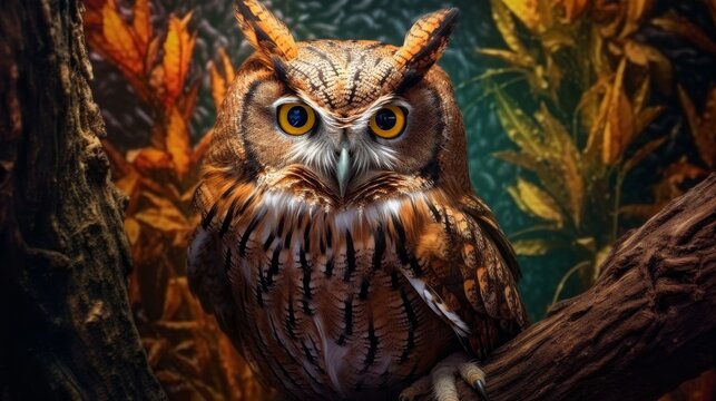 Curious Owl Perched on a Branch. AI generated