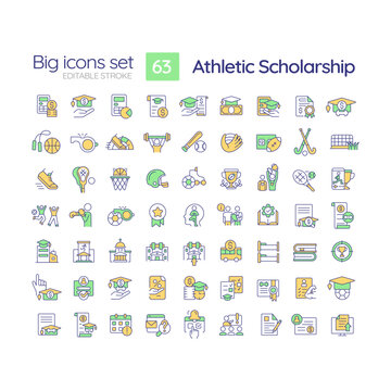 2D editable multicolor big line icons set representing athletic scholarship, isolated vector, linear illustration.