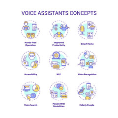 2D editable icons set representing voice assistants concepts, isolated vector, thin line colorful illustration.