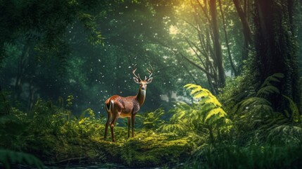 Deer in a natural forest setting, surrounded by lush greenery. AI generated