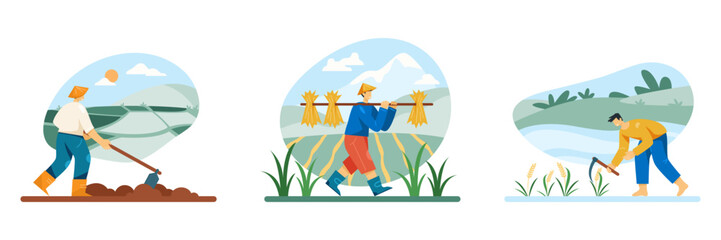 Man holding plant processing tool and working on rice plantation. Worker carries collected bunches of plants on his back, man with sickle mows wheat. Vector illustration in cartoon style