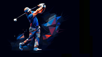 un golfeur en train de faire un swing - illustration - fond bleu foncé - obrazy, fototapety, plakaty