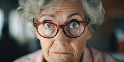 AI Generated. AI Generative. Old woman teacher in glasses looking at camera with crazy fun portrait face. Graphic Art