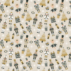 Seamless Christmas Pattern with Nutcrackers ballerina in Vector on beige. - obrazy, fototapety, plakaty