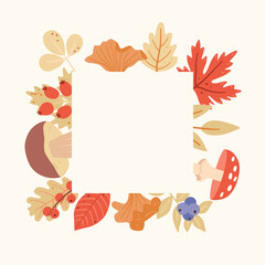 Childish square frame template with floral and forest elements. Suitable for social media posts. Vector autumn background. Suitable for social media posts, kids design.