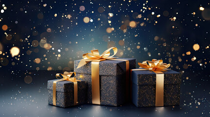 christmas gift boxes over Abstract Dark blue and gold background