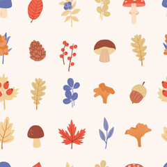 Seamless pattern with childish autumn forest plants twigs leaves. Cute illustration for child textiles, design.