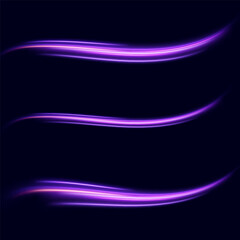 neon multicolored glowing swirl. The effect of movement with the speed of light pink purple color. Easy trail. Shiny wavy path. Vector.
