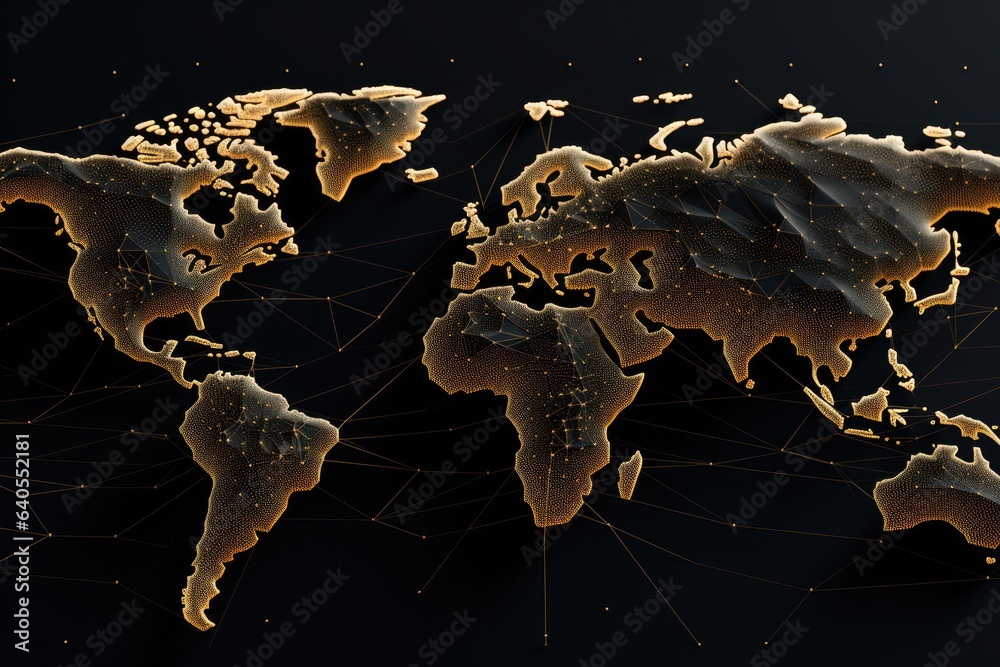 Poster global network connection. 3d rendering with golden lines on black background, abstract mash line an