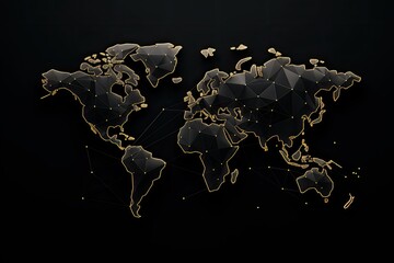 World map with gold lines on black background. 3D rendering. Abstract mash line and point scales on Black background with Map World, AI Generated