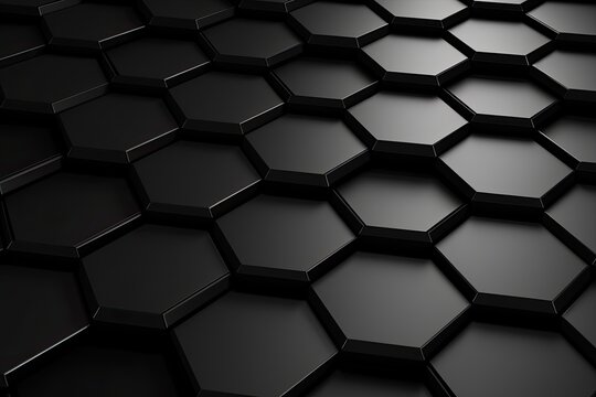 Abstract black hexagon background. 3d render illustration with selective focus, Abstract hexagonal geometric ultra wide background. Structure of lots of hexagons of carbon fiber , AI Generated