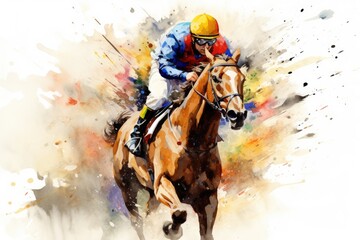 Horse jockey on a race, digital watercolor painting. Abstract racing horse with jockey from splash of watercolors, AI Generated
