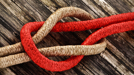 Obraz premium Tied ropes standing on wooden background. 3D illustration