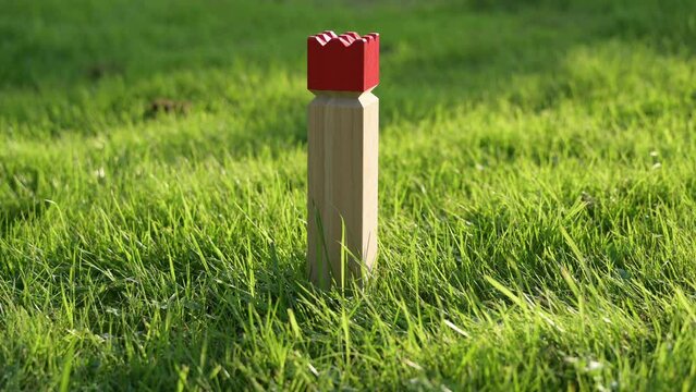 Wikingerschach K&ouml;nig wird umgeworfen auf einer saftig gr&uuml;nen wiese im abendlichen Sonnenlicht