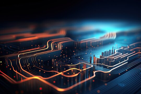 Circuit board background. 3d rendering, 3d illustration. Abstract technology and circuit board wallpaper with digital glowing waves and patterns, AI Generated