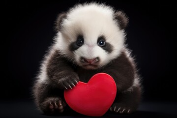 Studio portrait of adorable little panda bear with red heart on black background, Adorable newborn...