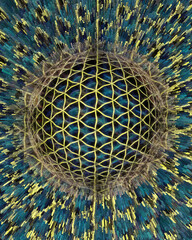 exploding green mosaic tiles hexagonal shape over a 3D sphere