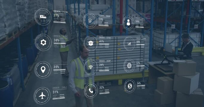 Animation of icons with data processing over diverse workers in warehouse