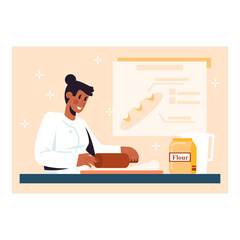 American woman in white uniform bake loafs. Female worker rolls out dough on table, making bakery product. Preparing dough before baking concept. Vector illustration in blue and yellow colors
