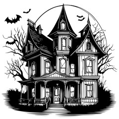 Halloween Scary house sketch with tree and bats Hand Drawn Sketch Vector background. illustration for your design.