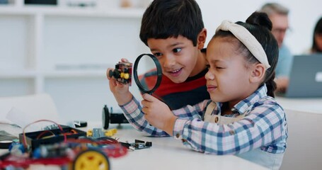 Children, magnifying glass and robotics teamwork for learning in kindergarten. Kids, lens and robot science for search, inspection and education for investigation in engineering of students at school