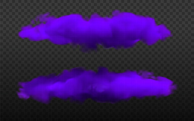 Purple Halloween cloud set. Realistic vector magic smoke or fog background isolated. Violet transparent sky effect, mystic night