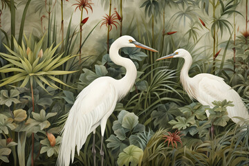 Illustration of two herons with exotic flora in the background 