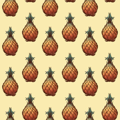 Mexican ornament with sketch style hand drawn pineapples. Mexican color palette. Regular even distribution of elements. Seamless pattern. EPS10 vector illustration