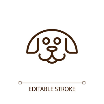 Happy puppy linear icon. Pet store. Dog walking service. Veterinary hospital. Training class. Animal care. Thin line illustration. Contour symbol. Vector outline drawing. Editable stroke