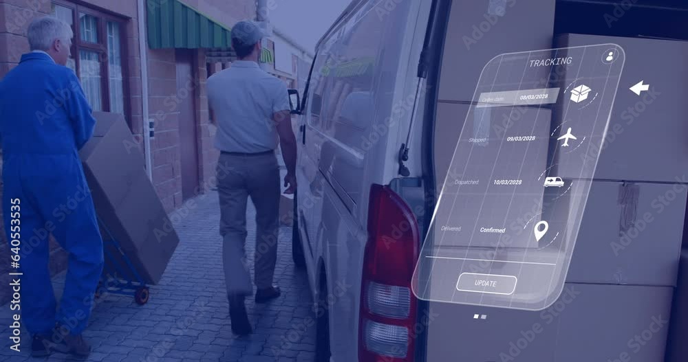 Poster animation of digital interface with icons and data processing over caucasian delivery man and worker