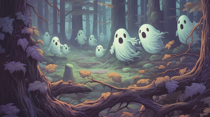 Happy little ghosts playing in a spooky forest. Fantasy concept , Illustration painting. - obrazy, fototapety, plakaty