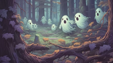 Fotobehang Happy little ghosts playing in a spooky forest. Fantasy concept , Illustration painting. © X-Poser