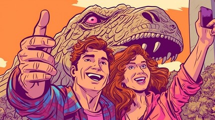 Obraz premium Happy couple taking a selfie in front of a dinosaur. Fantasy concept , Illustration painting.