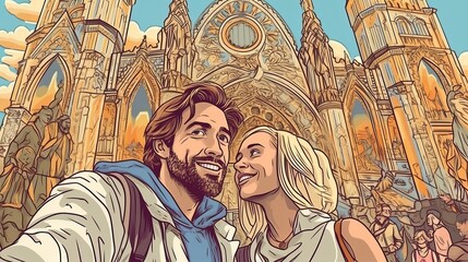 Happy couple taking a selfie in front of a landmark. Fantasy concept , Illustration painting. - obrazy, fototapety, plakaty