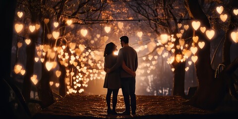 AI Generated. AI Generative. Couple hug each other at night with light glowing. Romantic love Valentines day relationships background. Graphic Art