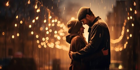 Fototapeta premium AI Generated. AI Generative. Couple hug each other at night with light glowing. Romantic love Valentines day relationships background. Graphic Art