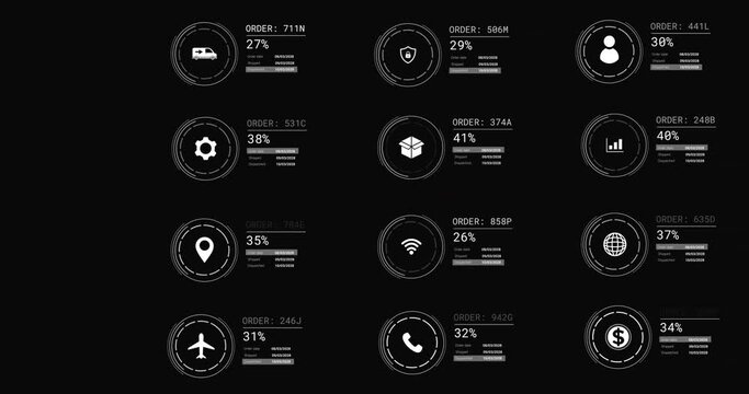 Animation of icons with data processing on black background