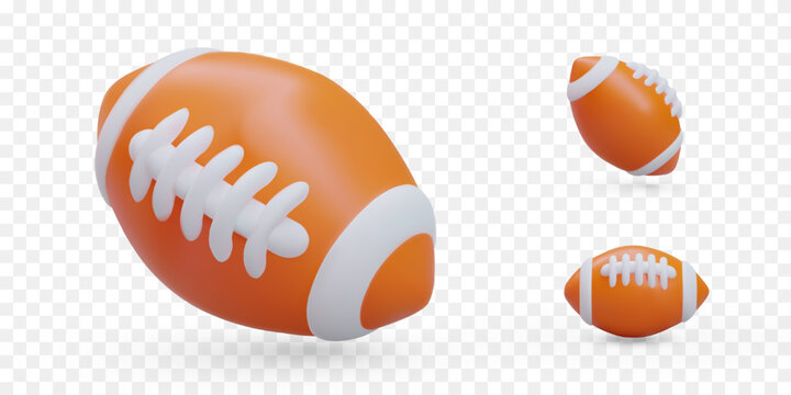 Set of 3D rugby balls. Leather accessory for American football. Isolated illustrations. Icons for sports site, application, game. Team sports competitions