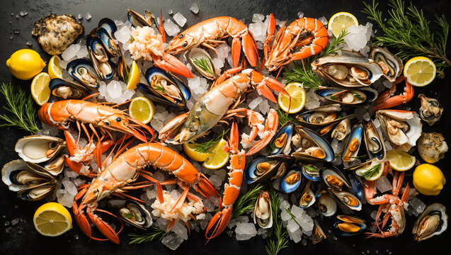 Assortment of various raw seafood on a dark background