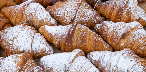 Many Croissant at Street Market, Fresh Puff Pastry Pies, Sweet Kipferls, Buttery Chocolate-Nutty Viennoiseries