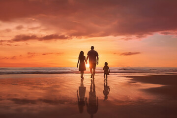 Happy Asian family travel ocean on summer holiday vacation. Parents and children kid enjoy and fun outdoor activity lifestyle walking and playing together at tropical island beach at summer sunset.
